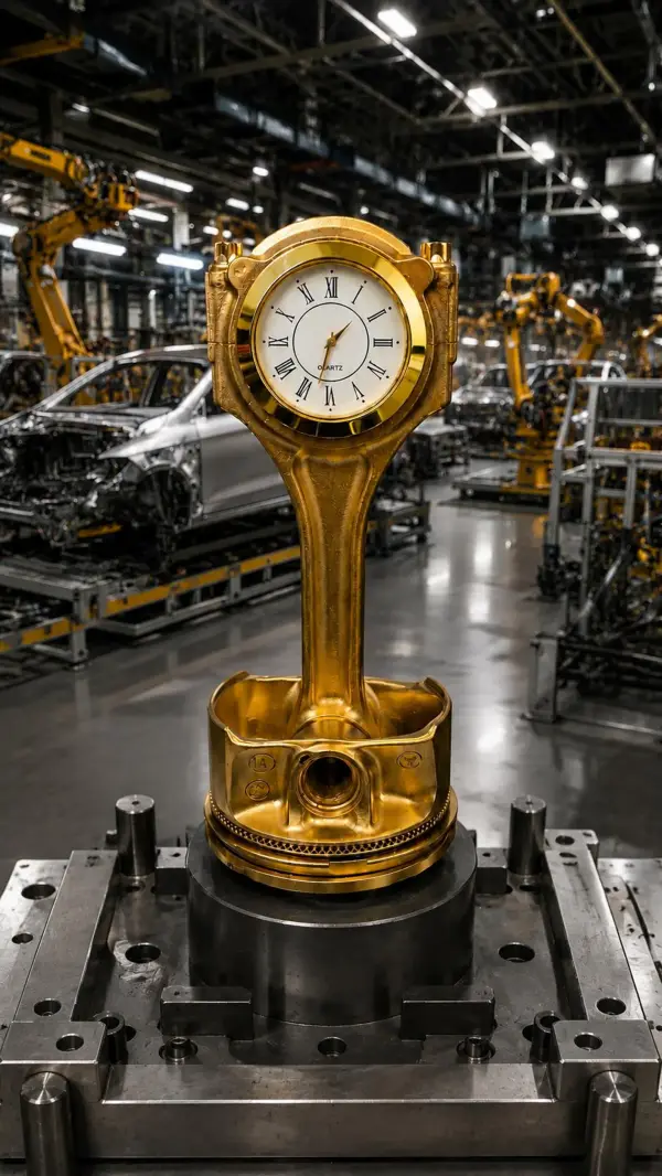 Reloj artesanal · Pistón y biela dorados